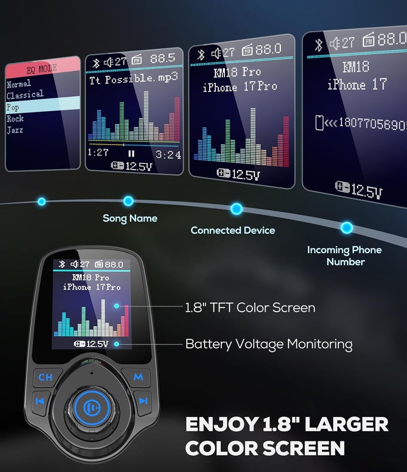 nulaxy [2026 KM18 Upgraded Version] 1.8" Color Screen 48W Bluetooth 5.4 Car Adapter, Dual Fasting Charging Ports [PD 30W & QC3.0 18W] Wireless Radio FM Transmitter, Hands-Free Call, 7 EQ Modes, Black - Image 2